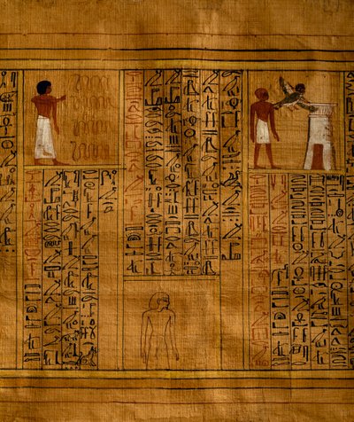 Del av dödsbok med text i vertikala kolumner av hieroglyfer och inlagor med polykroma illustrationer, papyrus, 34cm x 14cm, från Kha-graven i Deir el-Medina, Egyptisk civilisation, Nya riket, XVIII:e dynastin av Egyptian 18th Dynasty