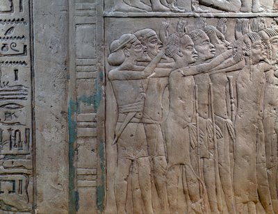 Prinsar från Nubien, Libyen, Syrien och Palestina kommer för att hylla kungen, basrelief i kalksten, från Horemhebs memfitiska grav i Saqqara, Egyptens civilisation, Nya riket, XVIII:e dynastin av Egyptian 18th Dynasty