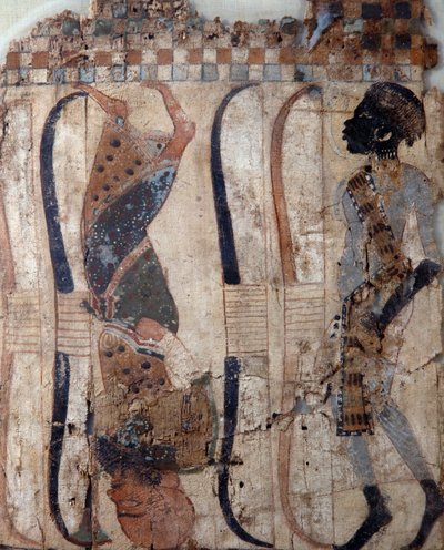 Fångar från erövrade länder, målat på material från Tutankhamuns grav, Egyptiska civilisationen, Nya riket, XVIII:e dynastin, Detalj av ansikte av Egyptian 18th Dynasty