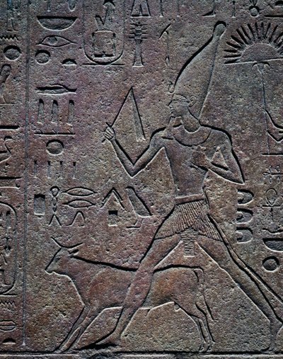 Drottning Hatshepsut åtföljs av Apis-tjuren under de ceremoniella aktiviteterna vid jubileumsfirandet, relief, Amuns tempel, Karnaks tempelkomplex (Unescos världsarvslista av Egyptian 18th Dynasty