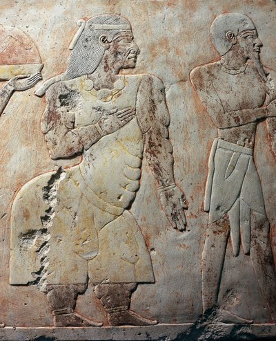 Drottning av Punt, detaljbild som visar en expedition till landet Punt, målad relief, kolonnaden i Punt, Hatshepsuts gravtempel, Deir el-Bahari, Thebes nekropol (Unescos världsarvslista) av Egyptian 18th Dynasty