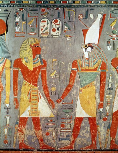 Relief föreställande Horemheb (ca 1323-1295 f.Kr.) före Horus, från hans grav, New Kingdom (målad kalksten) av Egyptian 18th Dynasty