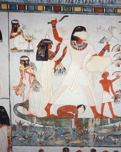Scen för jakt och fiske i kärren, fresk, norra väggen, längsgående kammare, Theban Tomb TT69, Sheikh Abd el-Qurna, Thebe (Unescos världsarvslista av Egyptian 18th Dynasty