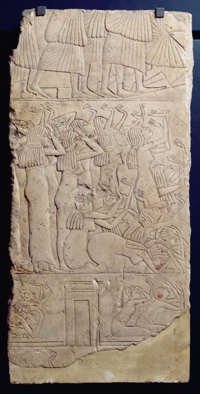 Scen för klagomål under en begravning, från Sakkara, New Kingdom, ca 1330 f.Kr. (kalksten) av Egyptian 18th Dynasty