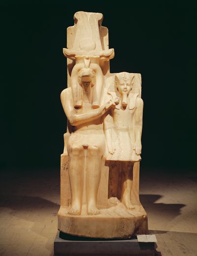 Sobek erbjuder en ankh till Amenhoteop III (ca 1417-1379 f.Kr.) Nya kungariket (alabaster) av Egyptian 18th Dynasty