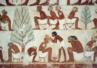 Soldater som klipper håret, detalj från fresker i Userhats grav, Sheikh Abd el Qurnah Necropolis, Luxor, Thebe (Unescos världsarvslista av Egyptian 18th Dynasty