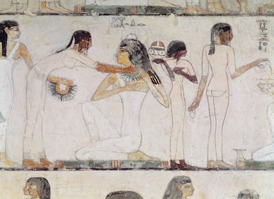 Adelskvinnornas toalett, från Rekhmires grav, vesir av Tuthmosis III och Amenhotep II, New Kingdom (väggmålning) av Egyptian 18th Dynasty