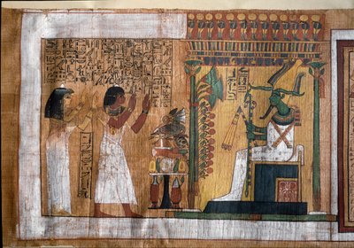 Den avlidne Kha och hans fru Merit dyrkar Osiris, herre över livet efter detta - Papyrus från Book of the Dead, från arkitekt Khas begravningskammare av Egyptian 18th Dynasty