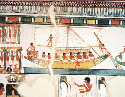 Solskeppet, detalj av pilgrimsfärden till Abydos, fresk, norra väggen, lång matsal, Theban Tomb TT69, Sheikh Abd el-Qurna, Thebe (Unescos världsarvslista av Egyptian 18th Dynasty