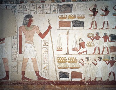 Vägningen av koppar, fresco, Tomb of Userhat, lärare och skrivare under Amenhotep II:s regeringstid, även känd som grav TT56, Sheikh Abd el-Qurna, Thebe (Unescos världsarvslista av Egyptian 18th Dynasty