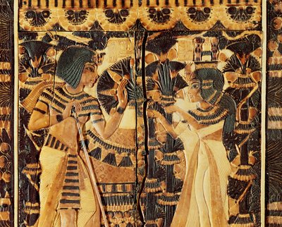 Topppanel från en kista, från Tutankhamons grav, New Kingdom (trä, brons, elfenben och färgad glasyr) av Egyptian 18th Dynasty