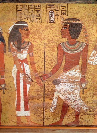 Tutankhamon (c.1370-1352 f.Kr.) och hans fru, Ankhesenamun, från hans grav, New Kingdom (målad kalksten) av Egyptian 18th Dynasty