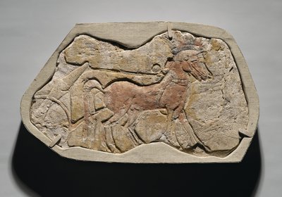 Ett spann av två hästar som drar en vagn, från Tell el-Amarna, New Kingdom, ca 1353-1336 f.Kr. (målad gipsputs) av Egyptian 19th Dynasty