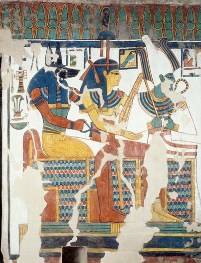 Anubis, Osiris och Nefertari, från den andra kammaren i Nefertaris grav, detalj (fresk) av Egyptian 19th Dynasty