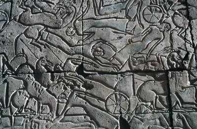 Basrelief med stridsscen, Ramesseum, Ramses II:s dödstempel, Luxor, Thebe (UNESCO:s världsarvslista) av Egyptian 19th Dynasty