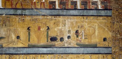 Båtar med systrar, gudinnor och skarabé, gud med strutsfjäder och måne på låda, fresk från stora Hypostyle Hall of Tomb of Seti I, Valley of Kings, Luxor, Thebe (Unesco Unesco av Egyptian 19th Dynasty