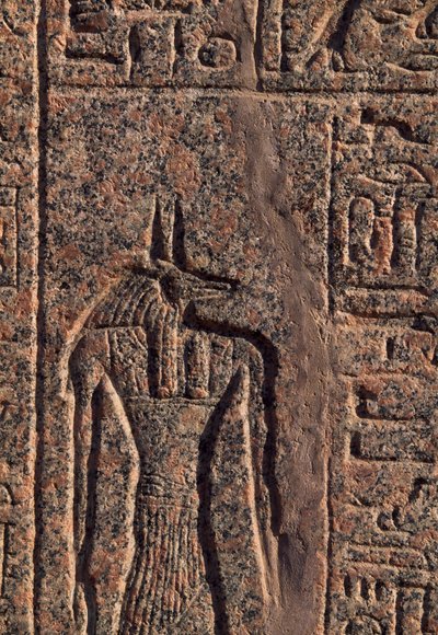 Avbildning av Anubis, detalj av inskription och relief av Anubis och en annan gud, Amenhoteps sarkofag, Memphis (Unescos världsarvslista av Egyptian 19th Dynasty