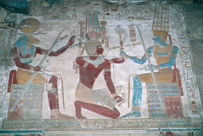Egypten, Abydos, farao Seti I:s tempel, Osiris kapell, målad relief av Egyptian 19th Dynasty