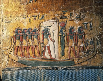 Egypten, Luxor, antika Thebe, kungarnas dal, Seti I:s grav, fresker som föreställer solbåt med guden med vädurshövdad av Egyptian 19th Dynasty