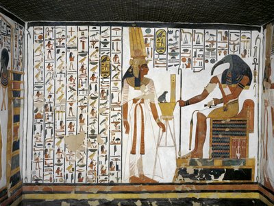 Egypten, Thebe, Luxor, Drottningarnas dal, Nefertaris grav, Annex till förkammaren, Väggmålningar, Drottning före gudomlig skrivare Thoth av Egyptian 19th Dynasty