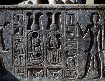 Hieroglyfer, detalj av hov på kolossalstaty av kung, Ramses II:s innergård, Amuntemplet (Unescos världsarvslista) av Egyptian 19th Dynasty