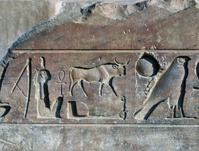 Hieroglyfer med Ramses II:s namn, obeliskens bas, Amuntemplet (Unesco:s världsarvslista) av Egyptian 19th Dynasty