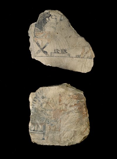 Kalkstensostraca med humoristiska skisser i rött och svart bläck (kalksten målad med svart och rött bläck) av Egyptian 19th Dynasty