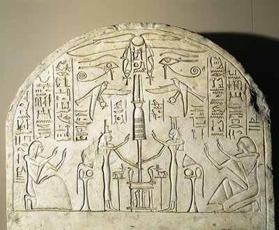 Kalkstensstele av Perinefer, med Isis och Neftis som tillber en fetisch som föreställer Osiris, från Abydos, Ramses II:s regeringstid av Egyptian 19th Dynasty