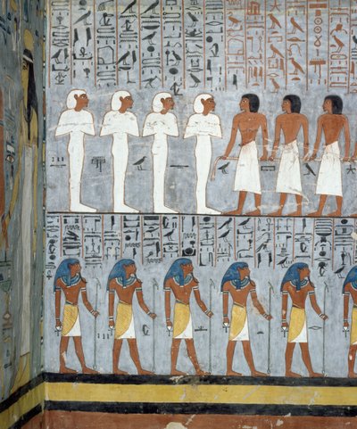 Mumier och mansfigurer, detalj från fresker i gravkammaren av Ramses I:s grav, Kungarnas dal, Luxor, Thebe (Unescos världsarvslista av Egyptian 19th Dynasty