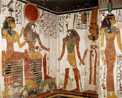 Nefertari ställs inför guden Re-Horakhty av Horus, från Nefertaris grav, New Kingdom (väggmålning) av Egyptian 19th Dynasty