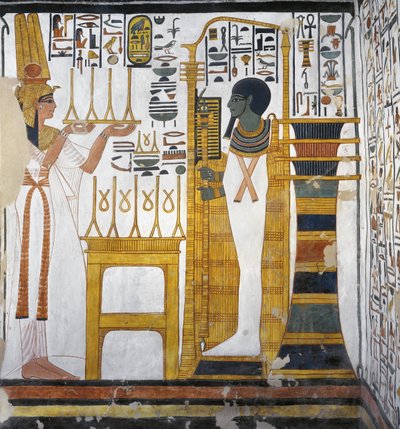 Nefertari ger ett erbjudande av linne till Ptah, detalj från den västra väggen i östra annexet till graven av Nefertari (väggmålning) av Egyptian 19th Dynasty