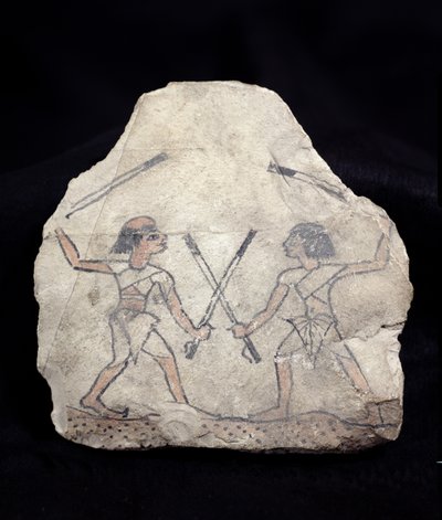 Ostrakon föreställer två män som slåss med käppar, från Deir El-Medina, New Kingdom (målad sten) av Egyptian 19th Dynasty