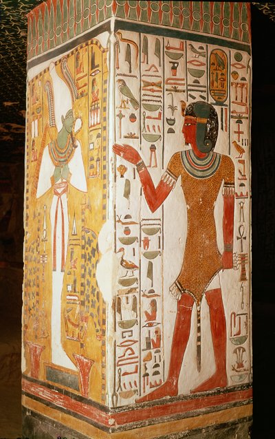 Pelare föreställande Osiris och en präst som bär panterskinn, från graven av Nefertari, New Kingdom (väggmålning) av Egyptian 19th Dynasty