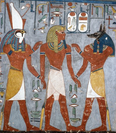 Ramses I mellan Horus och Anubis, fresk, gravkammare, Ramses I:s grav (KV16), Konungarnas dal, Thebe (Unescos världsarvslista av Egyptian 19th Dynasty