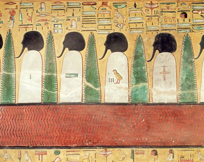 Relief som visar svarthåriga gudar i underjorden, från Seti I:s grav (r.1294-1279 f.Kr.) New Kingdom (målad kalksten) av Egyptian 19th Dynasty