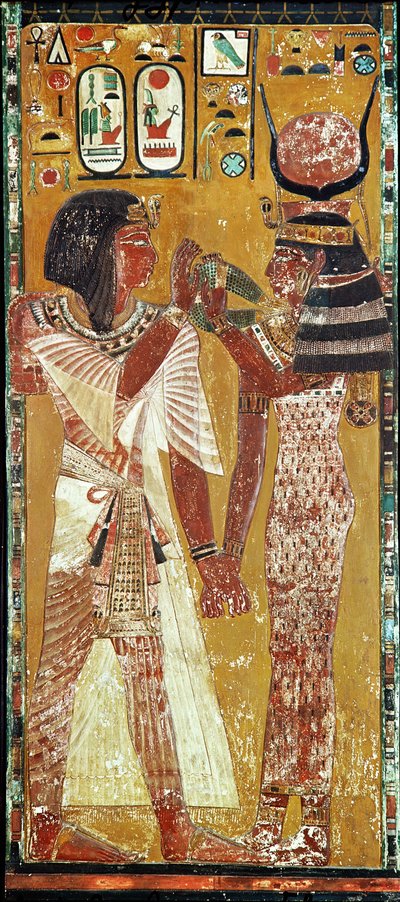 Relief som visar gudinnan Hathor som placerar den magiska kragen på Seti I (ca 1394-1279 f.Kr.) New Kingdom (målad kalksten) av Egyptian 19th Dynasty