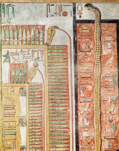 Relief som visar vägen som de döda måste korsa till livet efter detta, från Seti I:s grav (ca 1294-1279 f.Kr.) New Kingdom (målad kalksten) av Egyptian 19th Dynasty