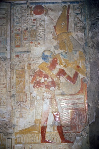 Relief av Sethos I (1303-1290 f.Kr.) och Isis, New Kingdom (väggmålning) av Egyptian 19th Dynasty