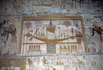 Helig båt, basrelief, Osiriskapellet, Seti I:s tempel av Egyptian 19th Dynasty