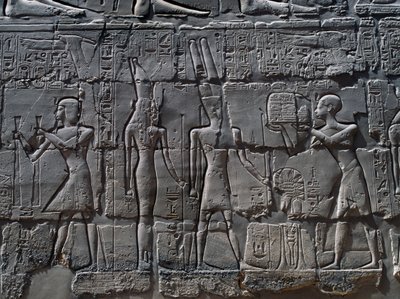 Scener av offergåvor till gudar, relief, innerväggar i Stora hypostylhallen, Karnaks tempelkomplex (Unescos världsarvslista) av Egyptian 19th Dynasty