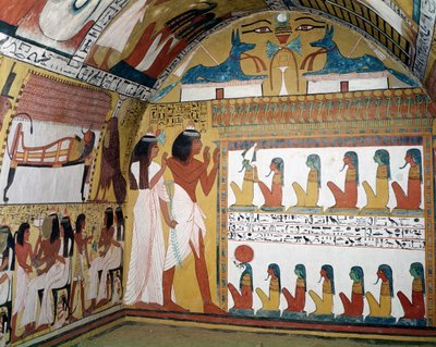 Sennedjem och hans fru står inför en naos som innehåller tolv gudomligheter, från västra väggen i Sennedjems grav, The Workers Village, New Kingdom (väggmålning) av Egyptian 19th Dynasty