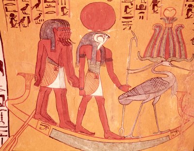 Solbark med Re-Horakhty, benufågeln och fyra andra gudar, från Tomb of Sennedjem, The Workers Village, New Kingdom (väggmålning) av Egyptian 19th Dynasty