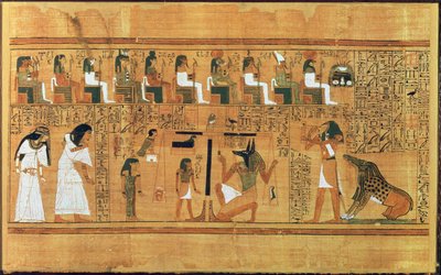The Weighing of the Heart against the Feather of Truth, från Book of the Dead of the Scribe Any, c.1250 BC (målad papyrus) av Egyptian 19th Dynasty