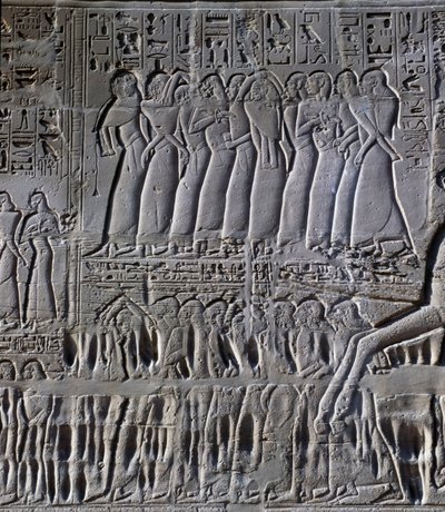 Fångarna, detalj från scen som skildrar Seti I:s fälttåg i Syrien och Palestina, relief, norra ytterväggen i Stora hypostylhallen, Karnaks tempelkomplex (Unescos världsarvslista av Egyptian 19th Dynasty