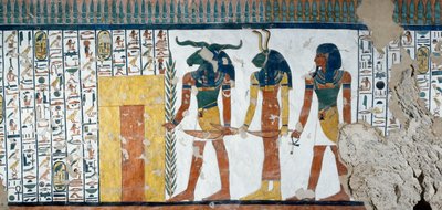 De tre släktena som vaktar den andra porten till kungariket Osiris, De dödas bok, kapitel 144, detaljer från freskerna i gravkammaren i Nefertari, Valley of Queens, Luxor, Thebe. Egyptisk civilisation, Nya kungariket, dynasti XIX. av Egyptian 19th Dynasty