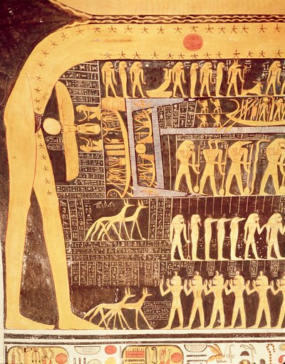 Detalj från Dagens bok från taket i gravkammaren i Ramses VI:s grav (r.1143-1136 f.Kr.) Nya kungariket (väggmålning) av Egyptian 20th Dynasty