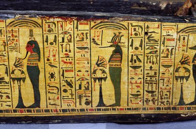 Detalj av den yttre kistbasen av mumin av Nesyamun, möjligen hittad i Deir El-Bahri, New Kingdom, ca 1100 f.Kr. (målat trä) av Egyptian 20th Dynasty