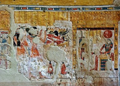 Egyptisk antikvitet: representation av Shuroy och hans fru som dyrkar gudar. Målning av Shuroys grav (TT13). 20:e dynasti. 1190-1077 f.Kr. Nekropolen av Dra Abu el-Naga, Västbanken av Luxor, Egypten av Egyptian 20th Dynasty