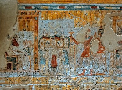 Egyptisk antikvitet: representation av Shuroy och hans fru som dyrkar guden Osiris som sitter framför Horus fyra söner i ett papyrusblad. Målning av Shuroys grav (TT13). 20:e dynasti. 1190-1077 f.Kr. Nekropolen av Dra Abu el-Naga, Västbanken av av Egyptian 20th Dynasty