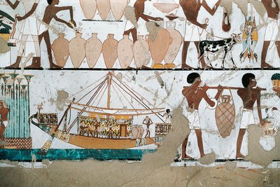 Väggmålning som visar scenen för transport av vin på båt, från New Kingdom av Egyptian 20th Dynasty